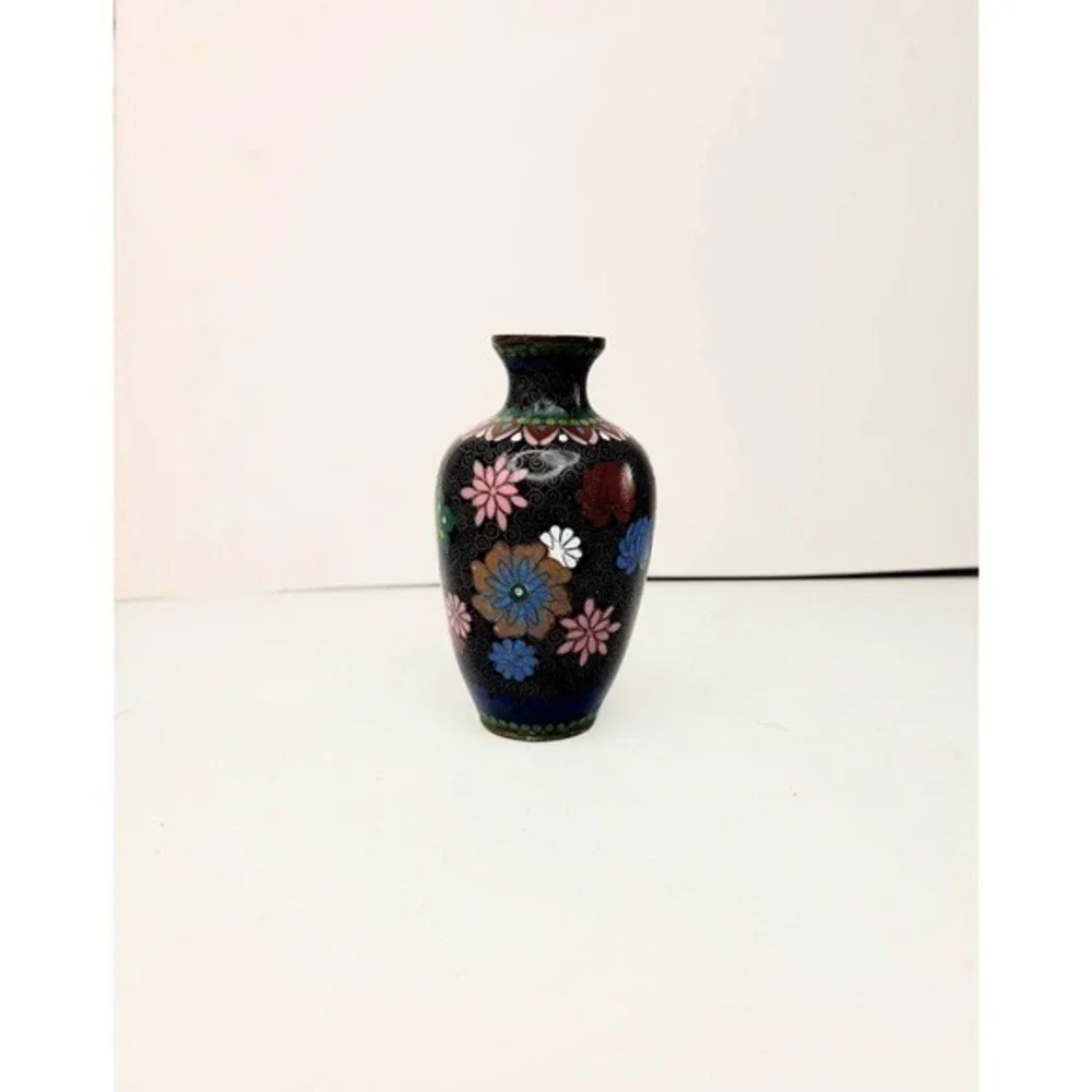 Antique Chinese Black Pink Green Floral‎ Peony Cloisonné Vase